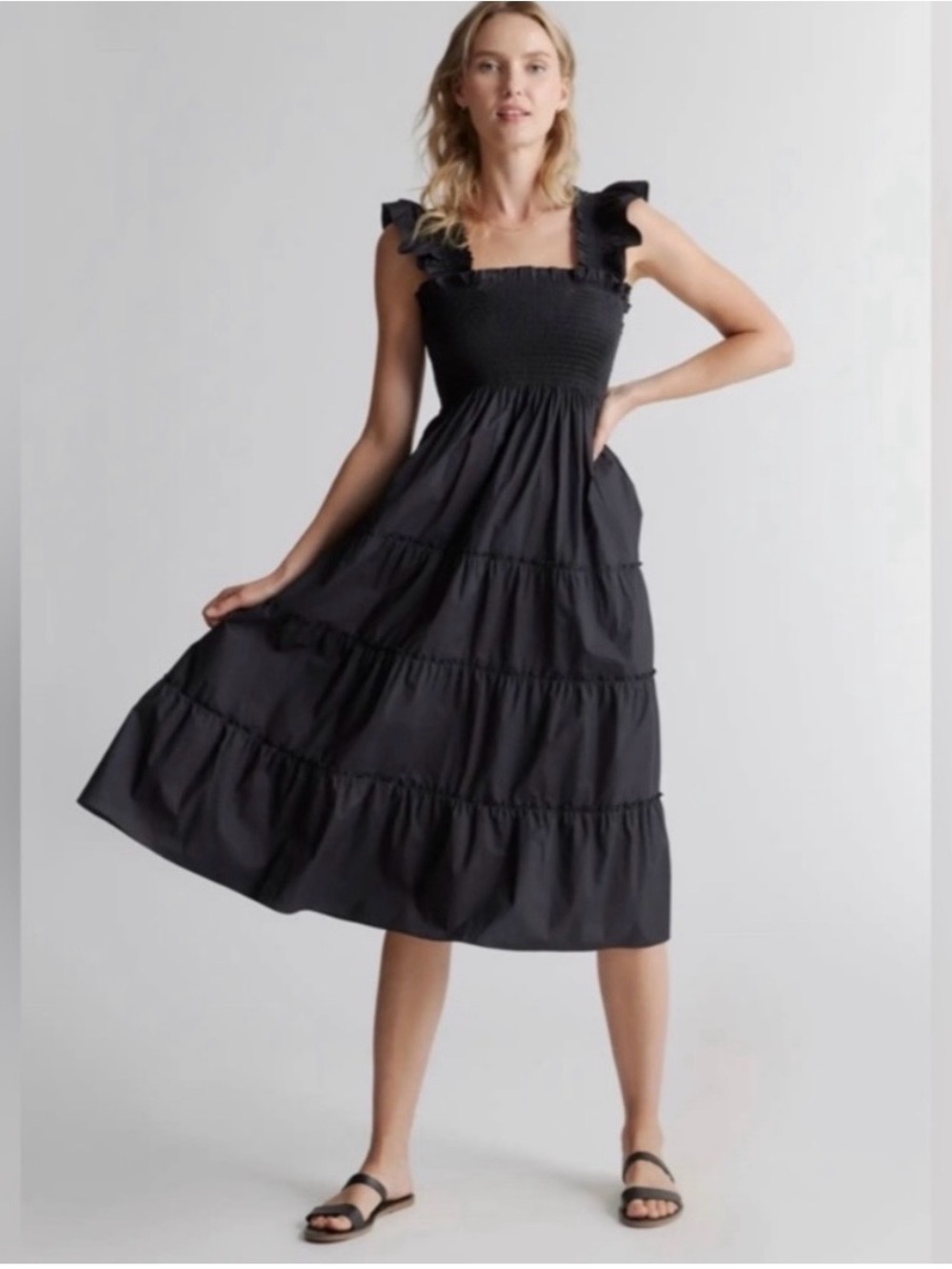 Quince Black Ruffled Smocked Midi Dress